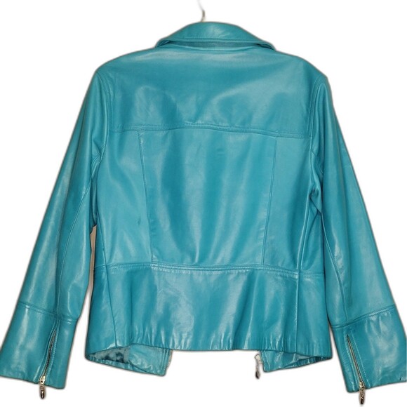 St Johhn Marie Gray Turquoise Soft Leather Short Jacket Medium - Picture 2 of 16